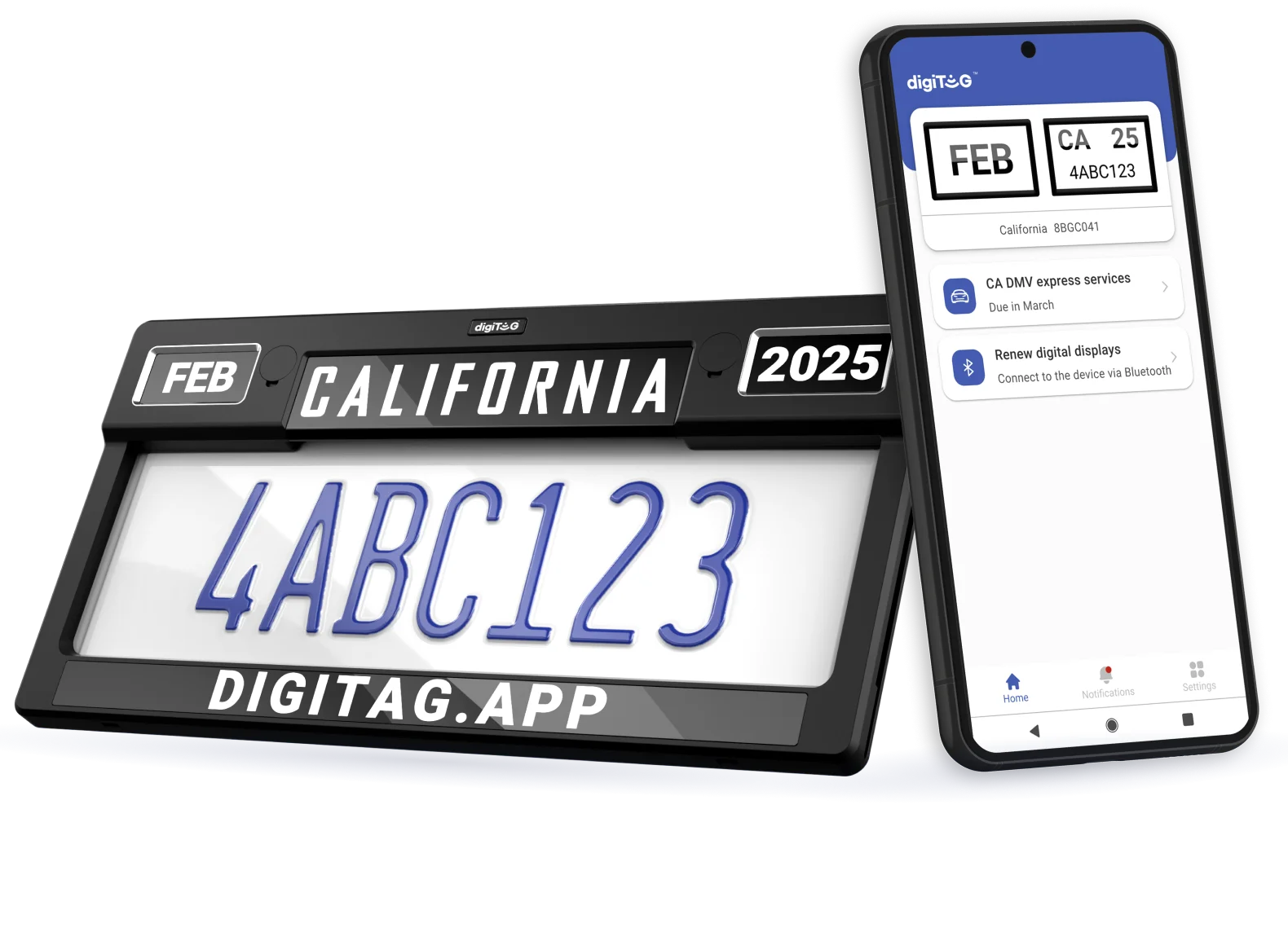Left: License plate with DigiTag frame and digital registration display. Plate number is visible. Right: Mock-up of a mobile phone displaying the DigiTag app user interface.