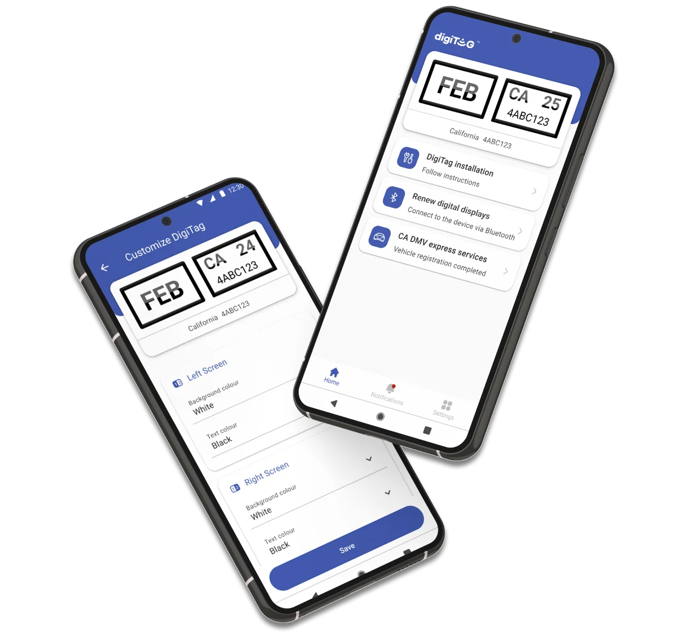 DigiTag app user interface displaying customization options for digital frame display and registration renewal