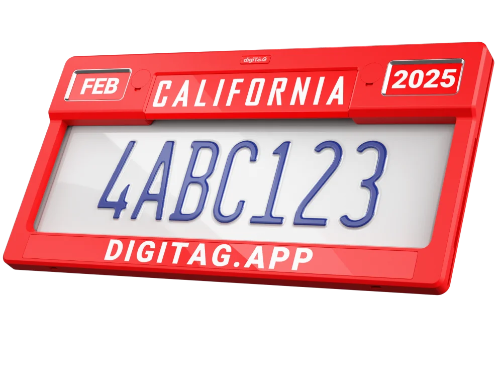 License plate with DigiTag frame showing digital registration display.